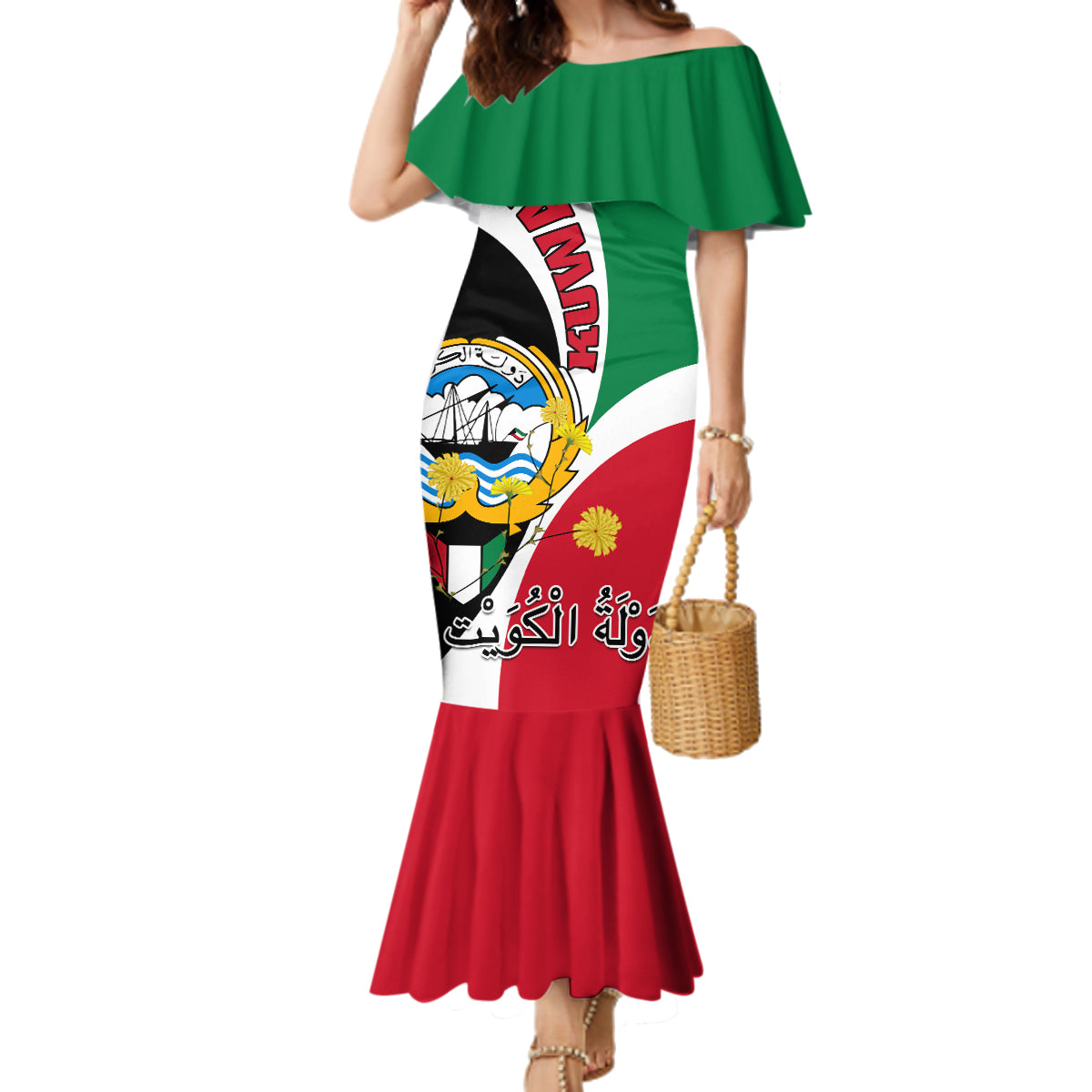 Kuwait National Day Family Matching Mermaid Dress and Hawaiian Shirt Kuwayt Coat Of Arms Arfaj Flower - Wonder Print Shop