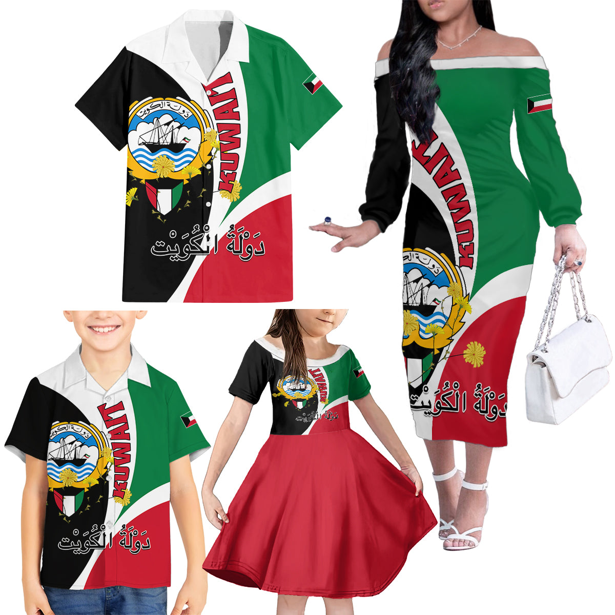Kuwait National Day Family Matching Off Shoulder Long Sleeve Dress and Hawaiian Shirt Kuwayt Coat Of Arms Arfaj Flower - Wonder Print Shop