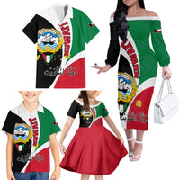 Kuwait National Day Family Matching Off Shoulder Long Sleeve Dress and Hawaiian Shirt Kuwayt Coat Of Arms Arfaj Flower - Wonder Print Shop