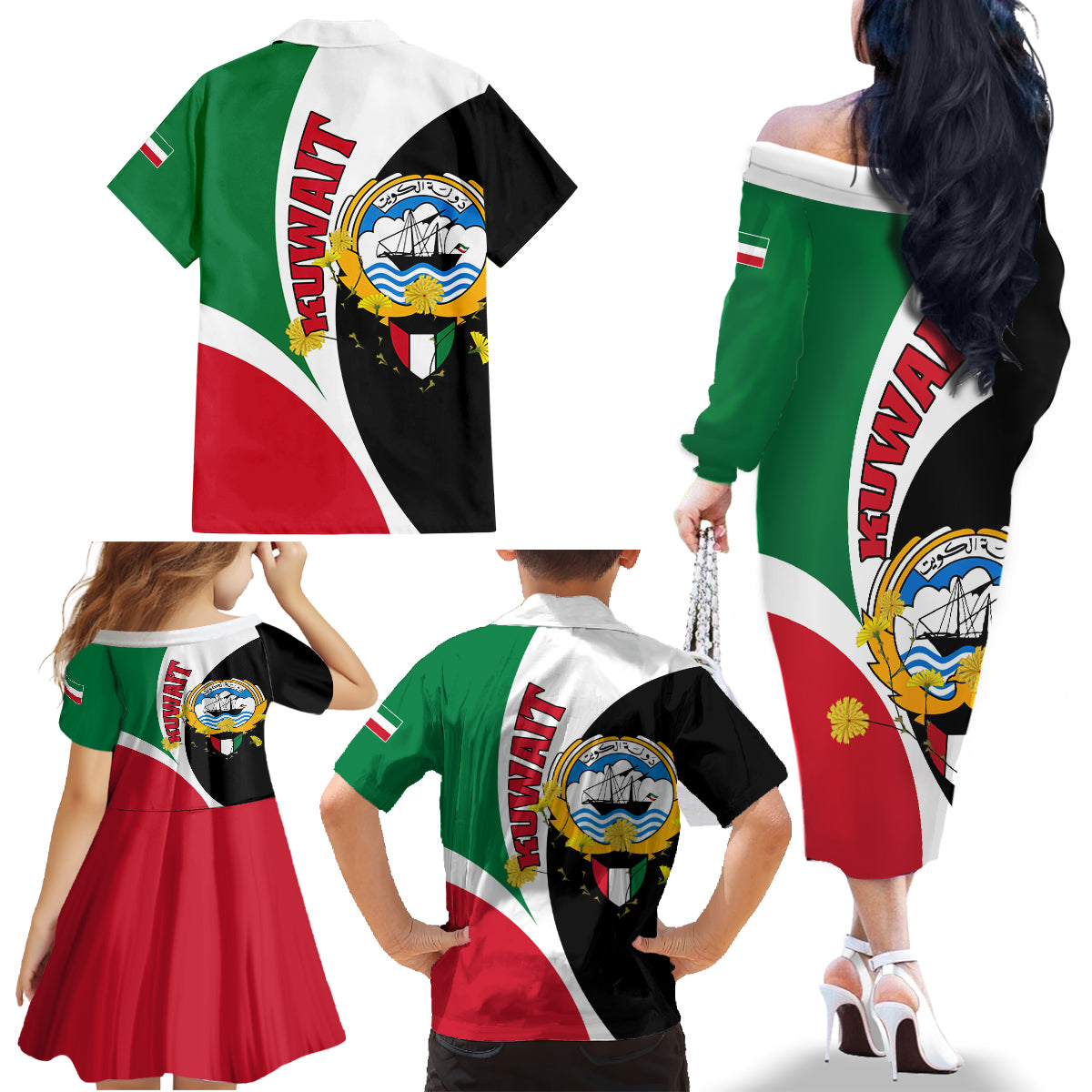 Kuwait National Day Family Matching Off Shoulder Long Sleeve Dress and Hawaiian Shirt Kuwayt Coat Of Arms Arfaj Flower - Wonder Print Shop