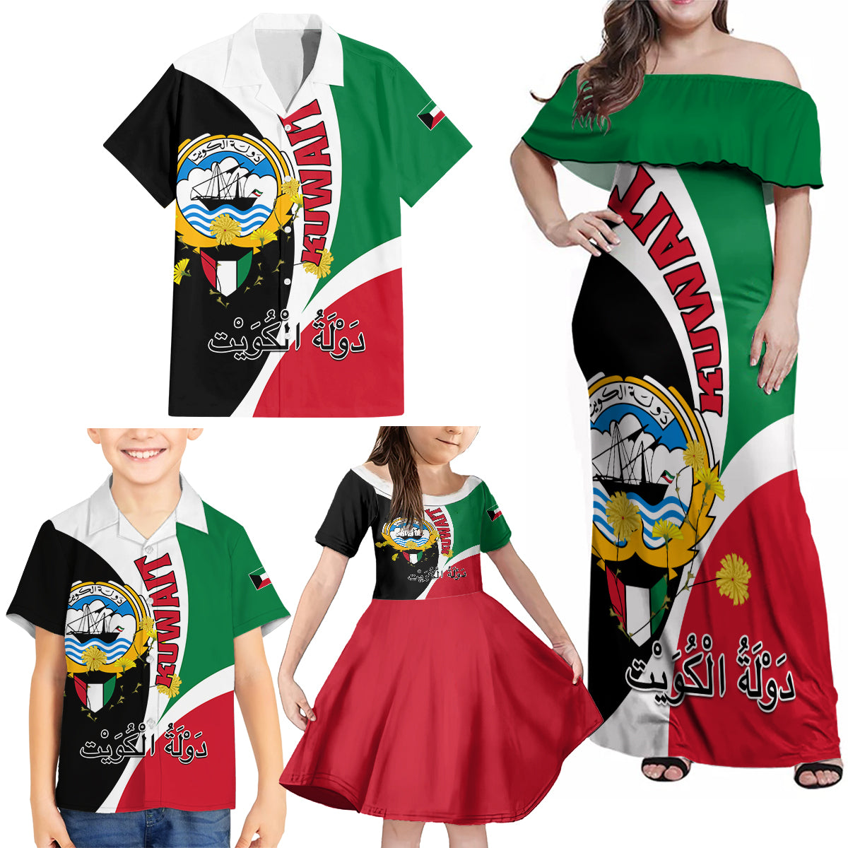 Kuwait National Day Family Matching Off Shoulder Maxi Dress and Hawaiian Shirt Kuwayt Coat Of Arms Arfaj Flower - Wonder Print Shop