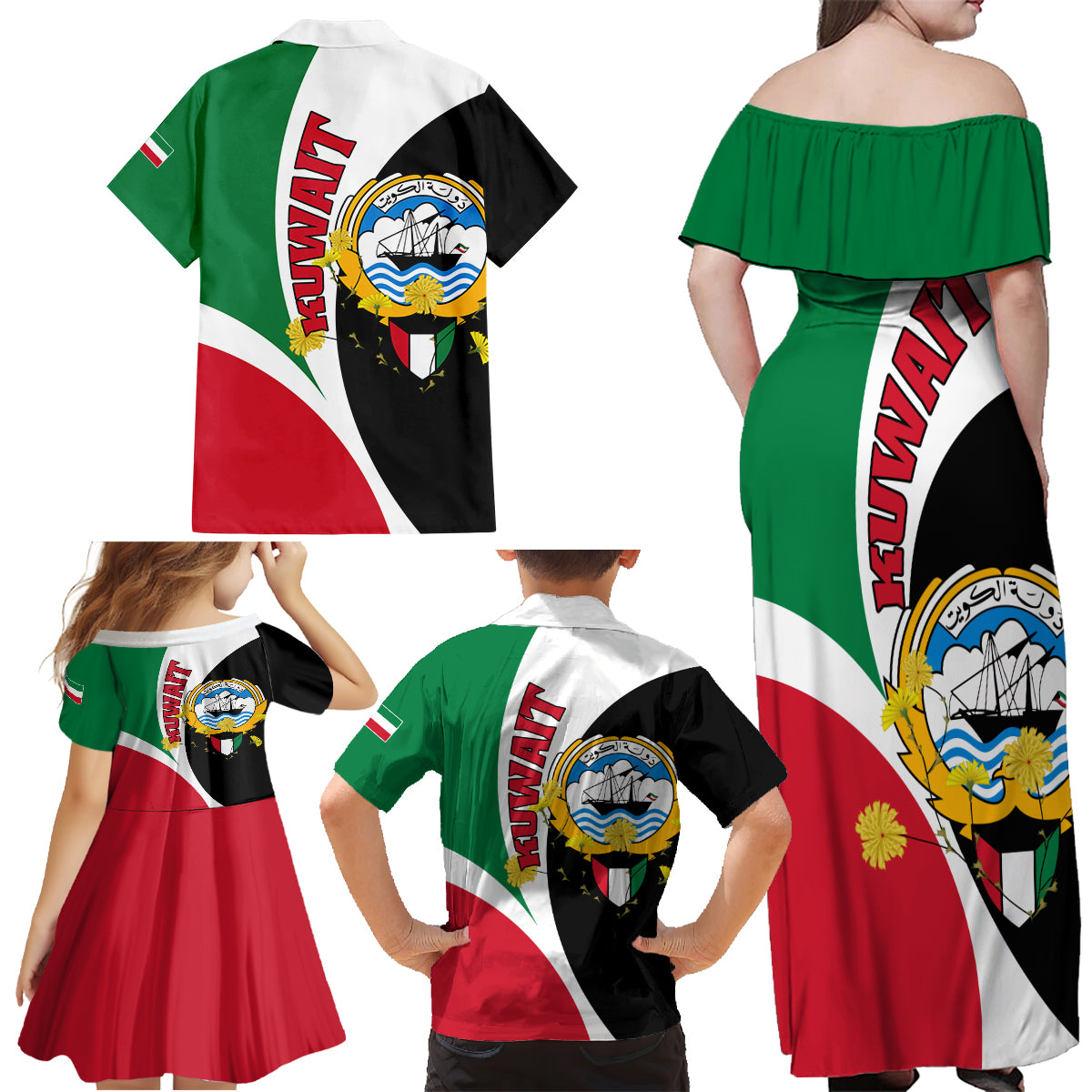 Kuwait National Day Family Matching Off Shoulder Maxi Dress and Hawaiian Shirt Kuwayt Coat Of Arms Arfaj Flower - Wonder Print Shop