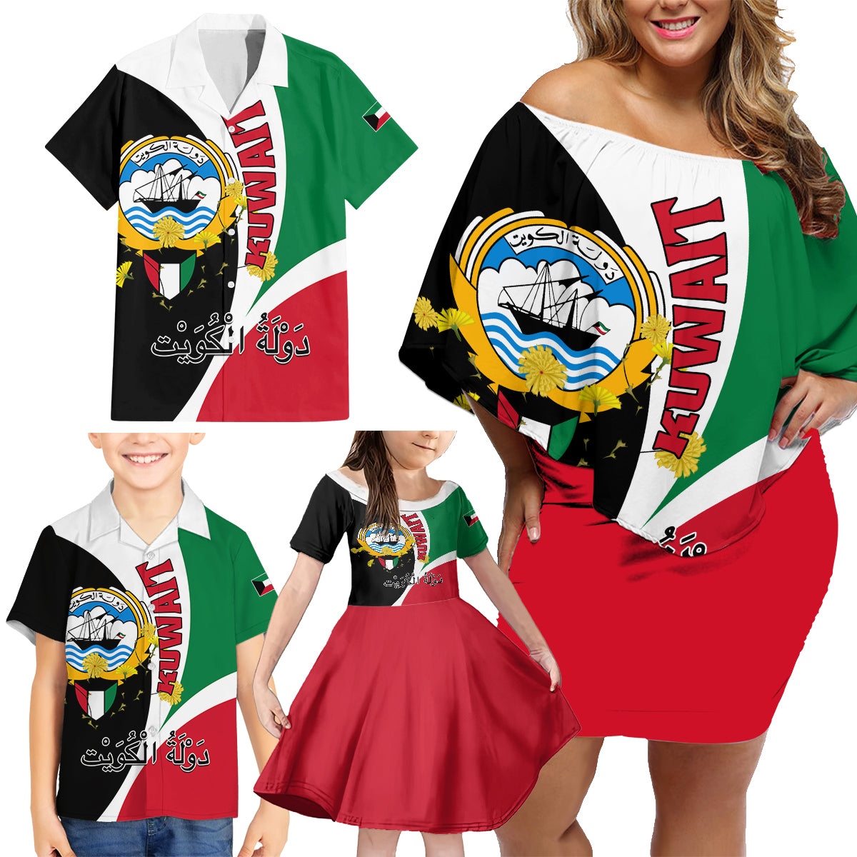 Kuwait National Day Family Matching Off Shoulder Short Dress and Hawaiian Shirt Kuwayt Coat Of Arms Arfaj Flower - Wonder Print Shop