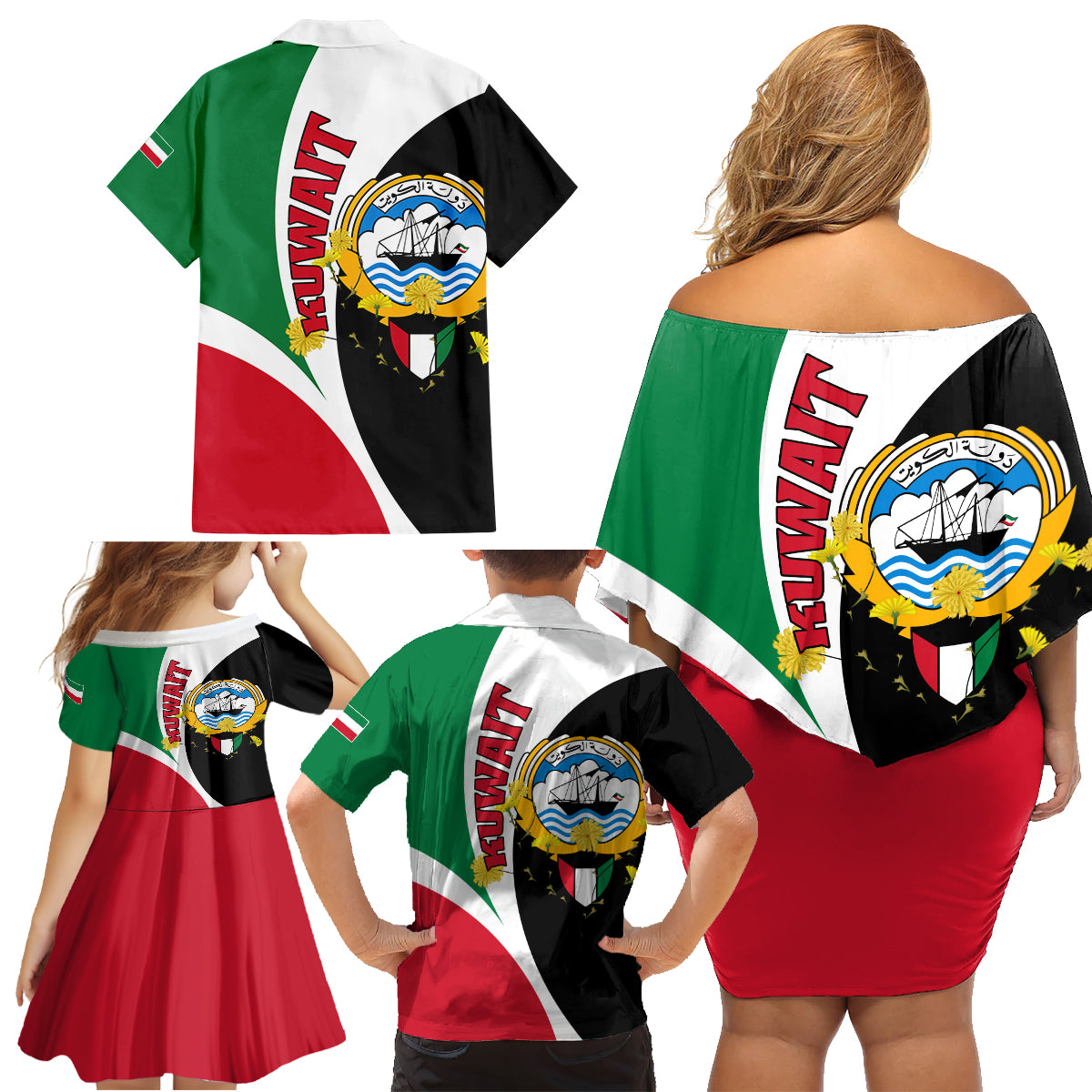 Kuwait National Day Family Matching Off Shoulder Short Dress and Hawaiian Shirt Kuwayt Coat Of Arms Arfaj Flower - Wonder Print Shop