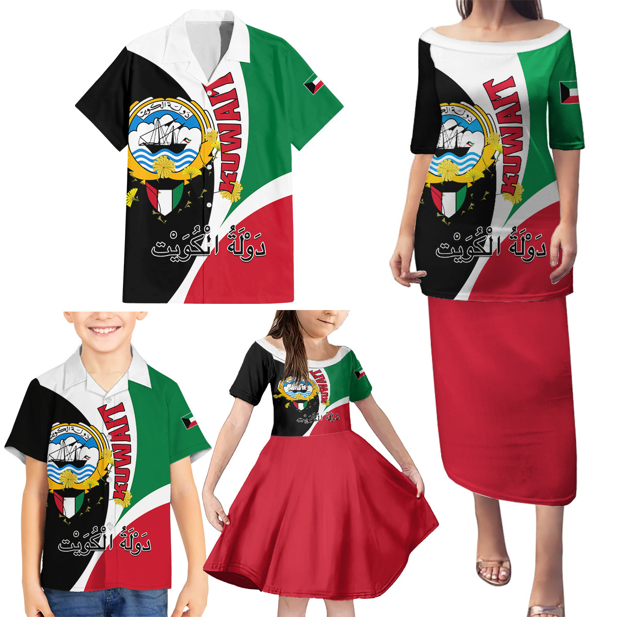 Kuwait National Day Family Matching Puletasi and Hawaiian Shirt Kuwayt Coat Of Arms Arfaj Flower - Wonder Print Shop