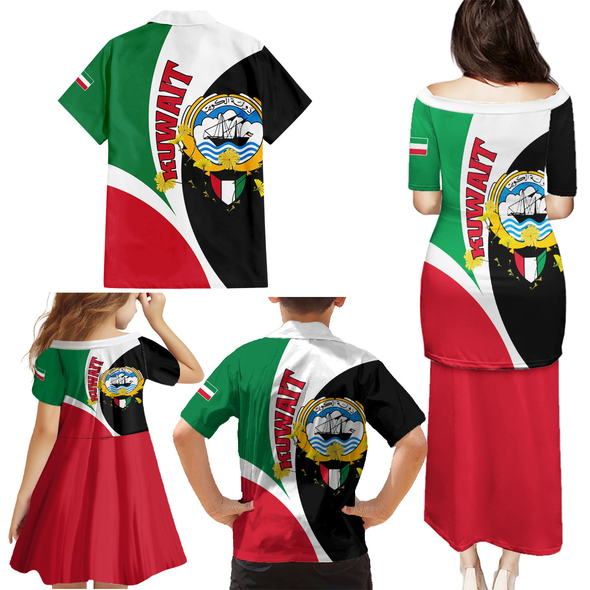 Kuwait National Day Family Matching Puletasi and Hawaiian Shirt Kuwayt Coat Of Arms Arfaj Flower - Wonder Print Shop