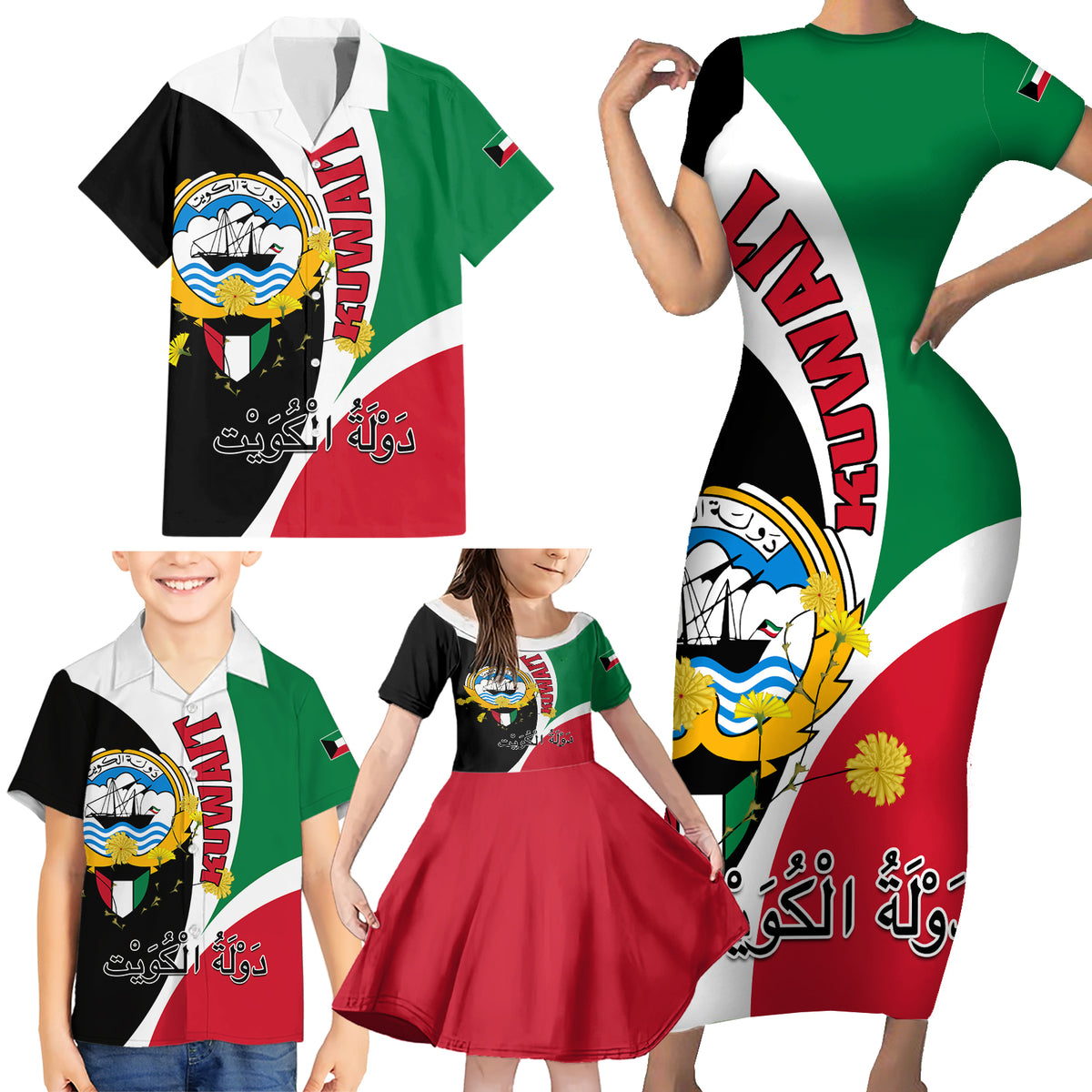 Kuwait National Day Family Matching Short Sleeve Bodycon Dress and Hawaiian Shirt Kuwayt Coat Of Arms Arfaj Flower - Wonder Print Shop