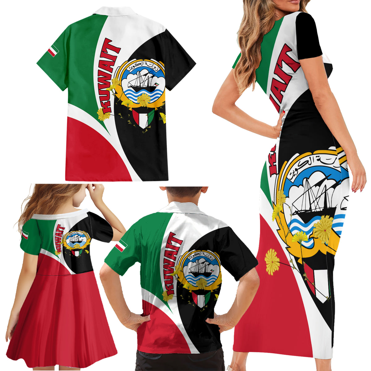 Kuwait National Day Family Matching Short Sleeve Bodycon Dress and Hawaiian Shirt Kuwayt Coat Of Arms Arfaj Flower - Wonder Print Shop