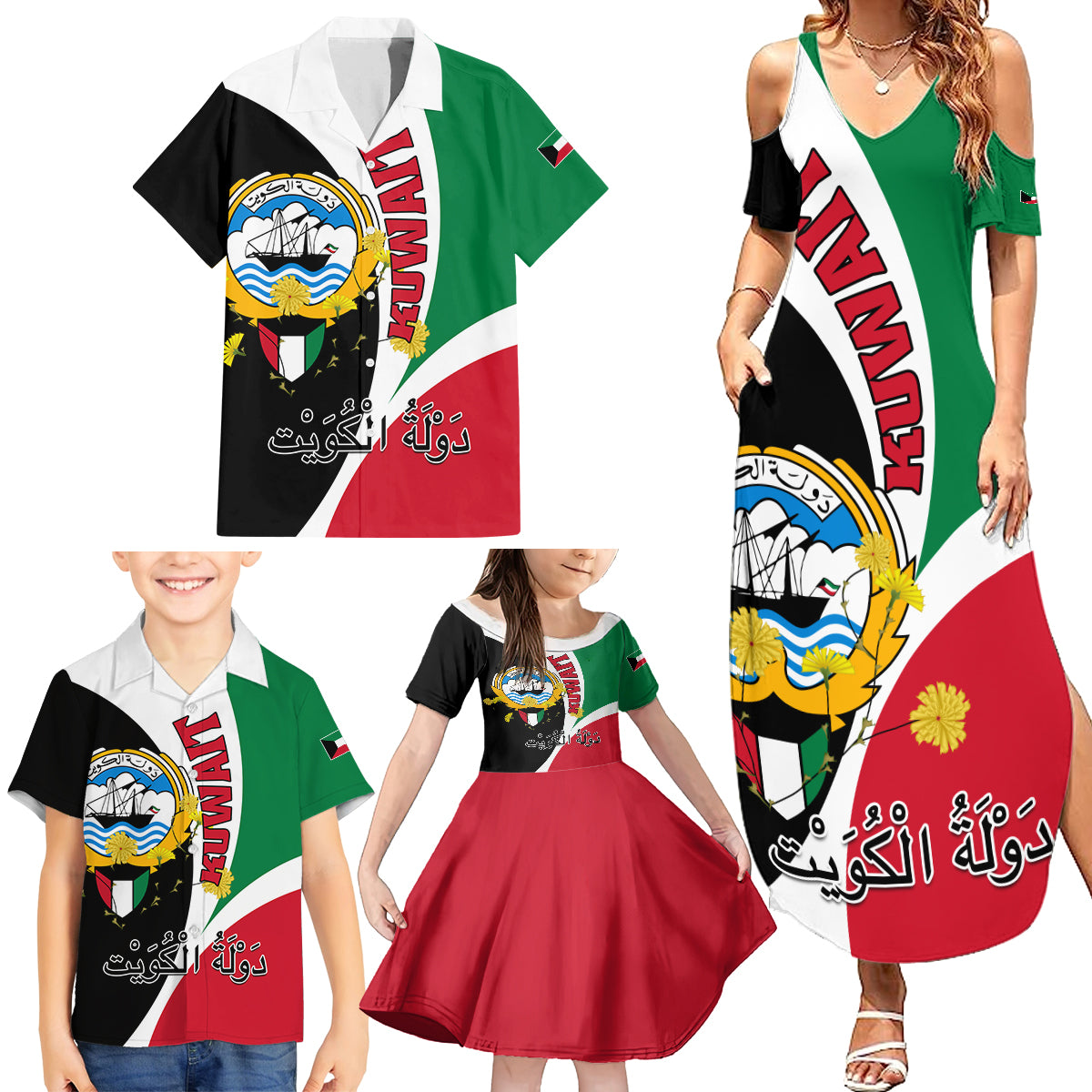 Kuwait National Day Family Matching Summer Maxi Dress and Hawaiian Shirt Kuwayt Coat Of Arms Arfaj Flower - Wonder Print Shop