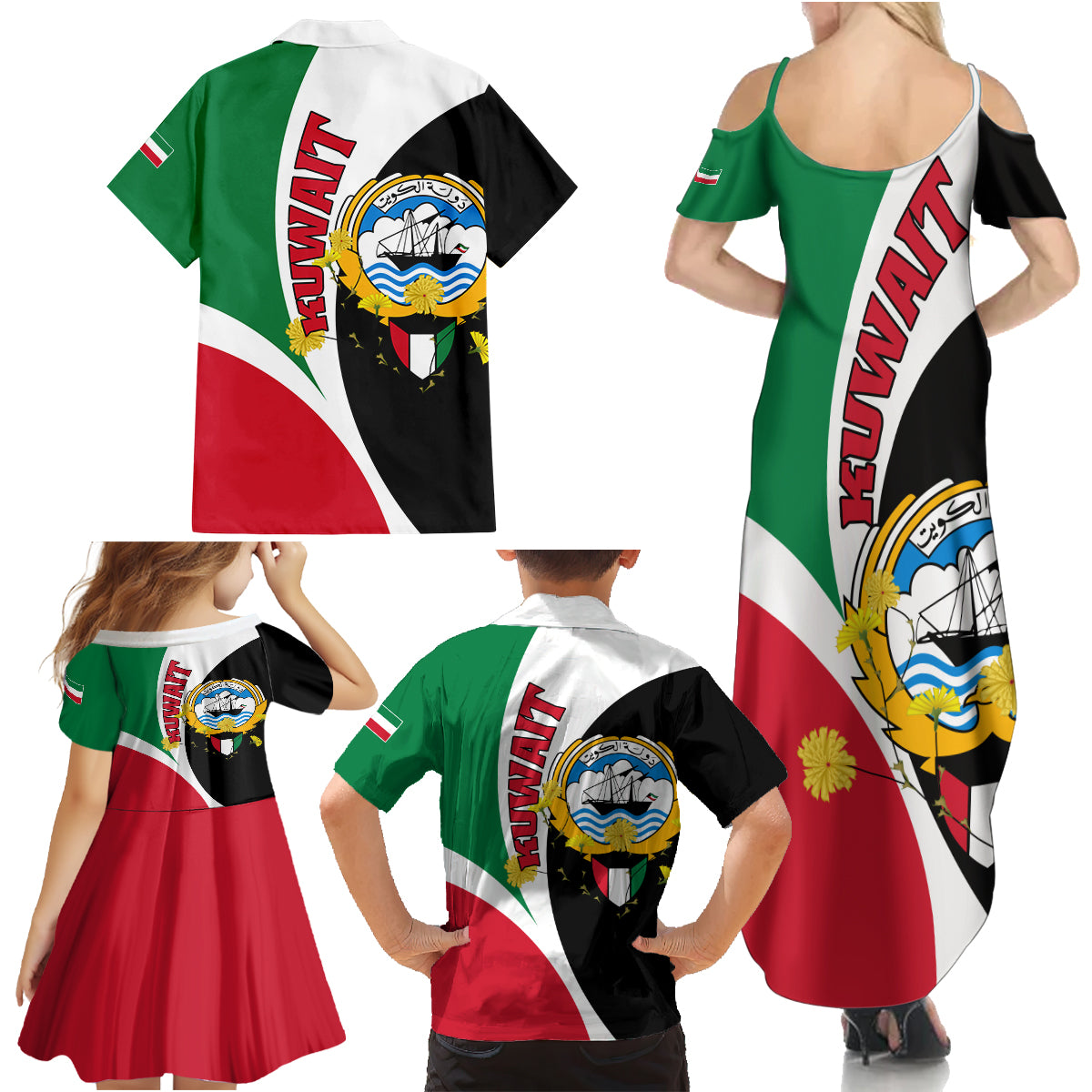 Kuwait National Day Family Matching Summer Maxi Dress and Hawaiian Shirt Kuwayt Coat Of Arms Arfaj Flower - Wonder Print Shop