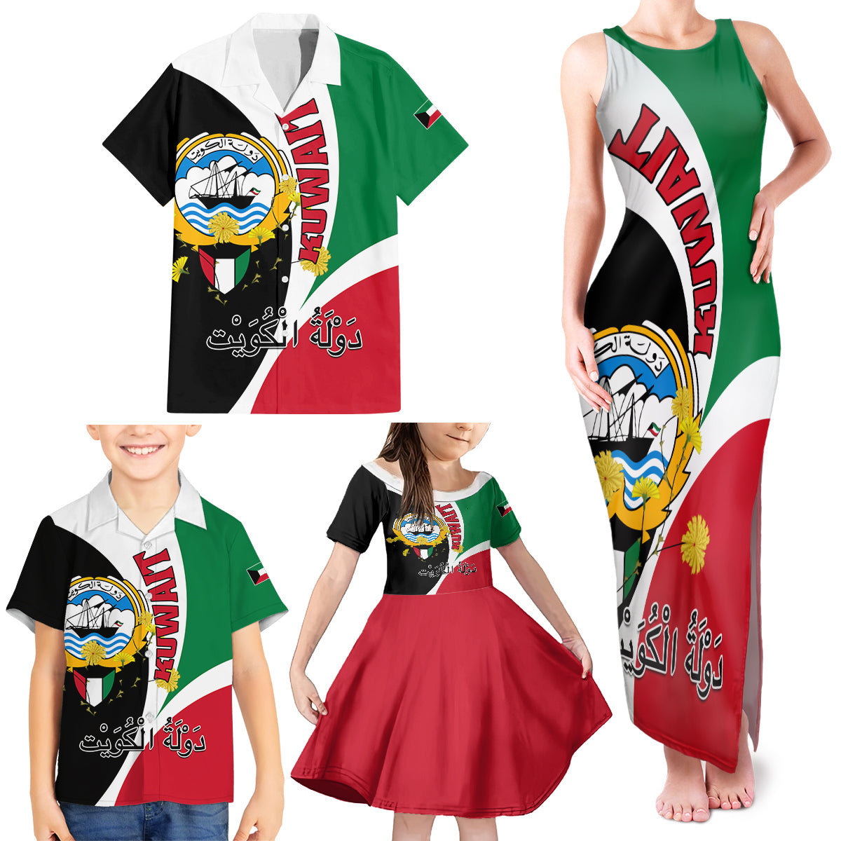 Kuwait National Day Family Matching Tank Maxi Dress and Hawaiian Shirt Kuwayt Coat Of Arms Arfaj Flower - Wonder Print Shop