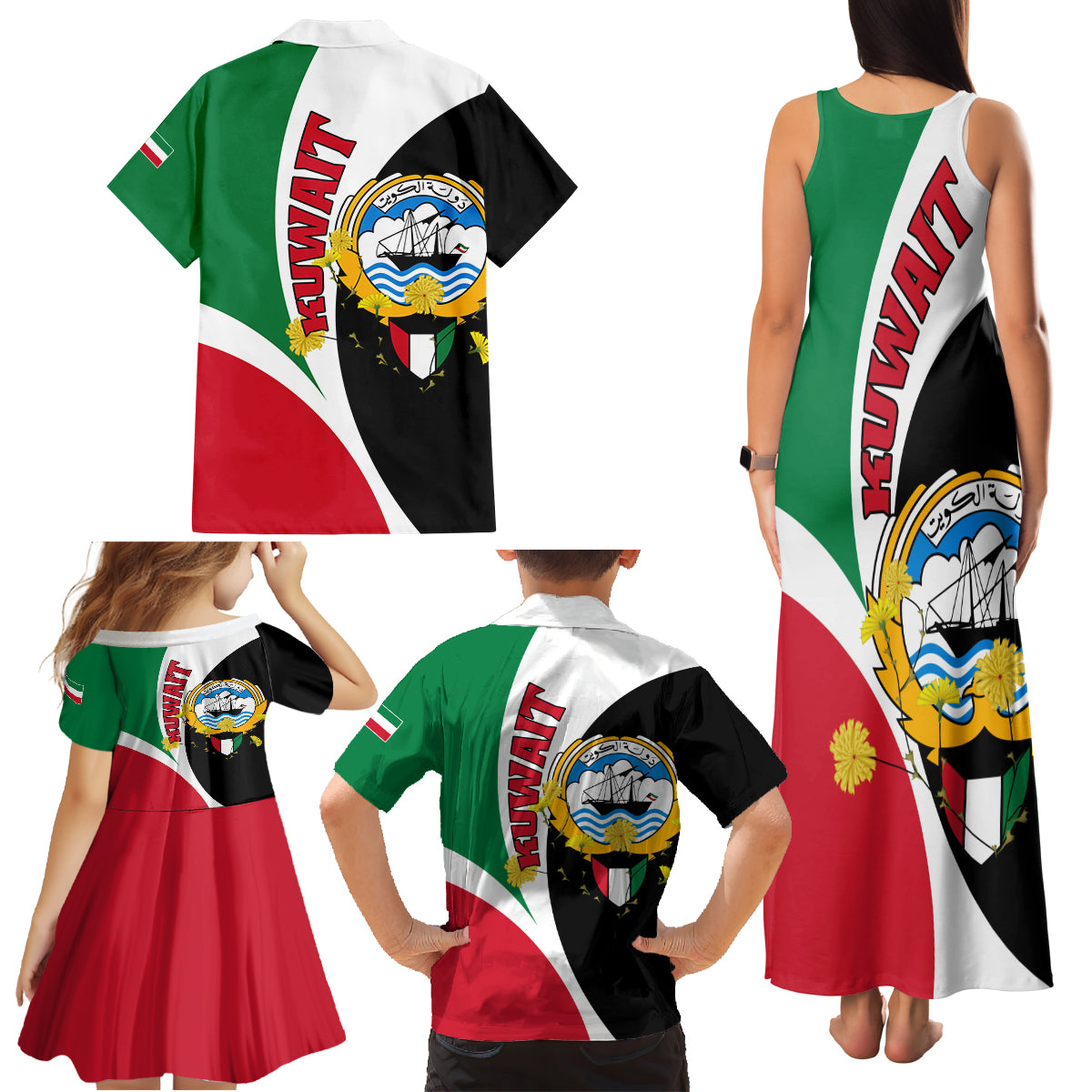 Kuwait National Day Family Matching Tank Maxi Dress and Hawaiian Shirt Kuwayt Coat Of Arms Arfaj Flower - Wonder Print Shop
