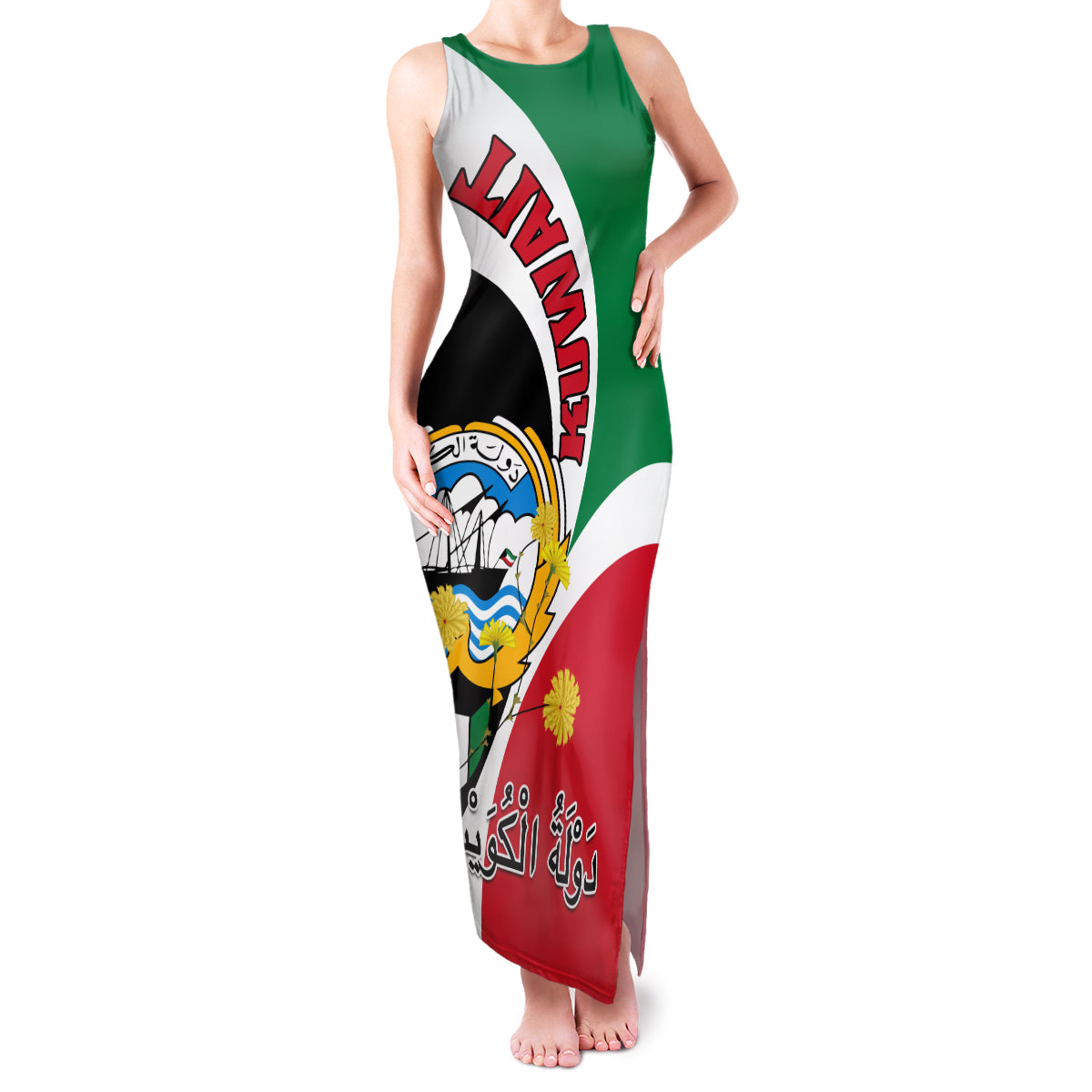 Kuwait National Day Family Matching Tank Maxi Dress and Hawaiian Shirt Kuwayt Coat Of Arms Arfaj Flower - Wonder Print Shop