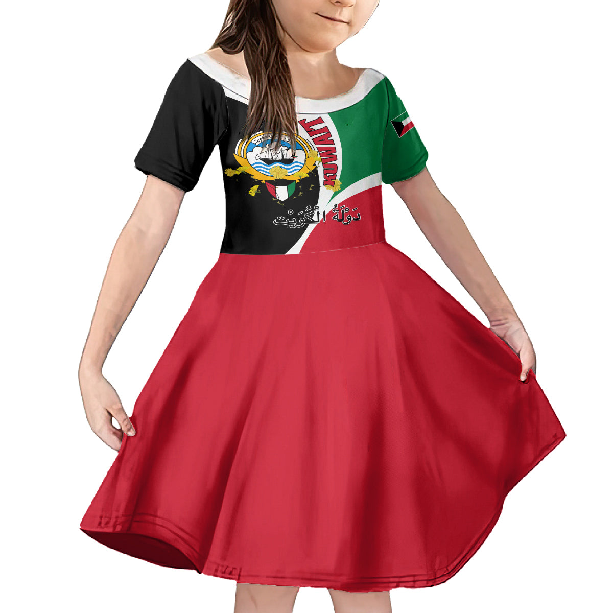 Kuwait National Day Kid Short Sleeve Dress Kuwayt Coat Of Arms Arfaj Flower - Wonder Print Shop