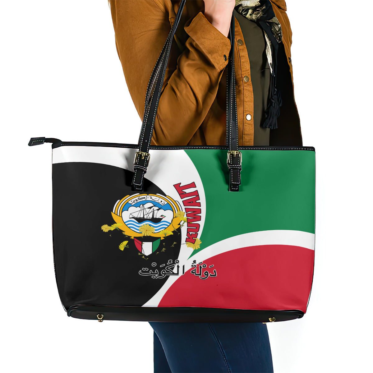 Kuwait National Day Leather Tote Bag Kuwayt Coat Of Arms Arfaj Flower - Wonder Print Shop