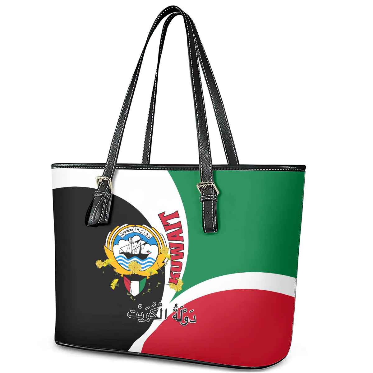 Kuwait National Day Leather Tote Bag Kuwayt Coat Of Arms Arfaj Flower - Wonder Print Shop