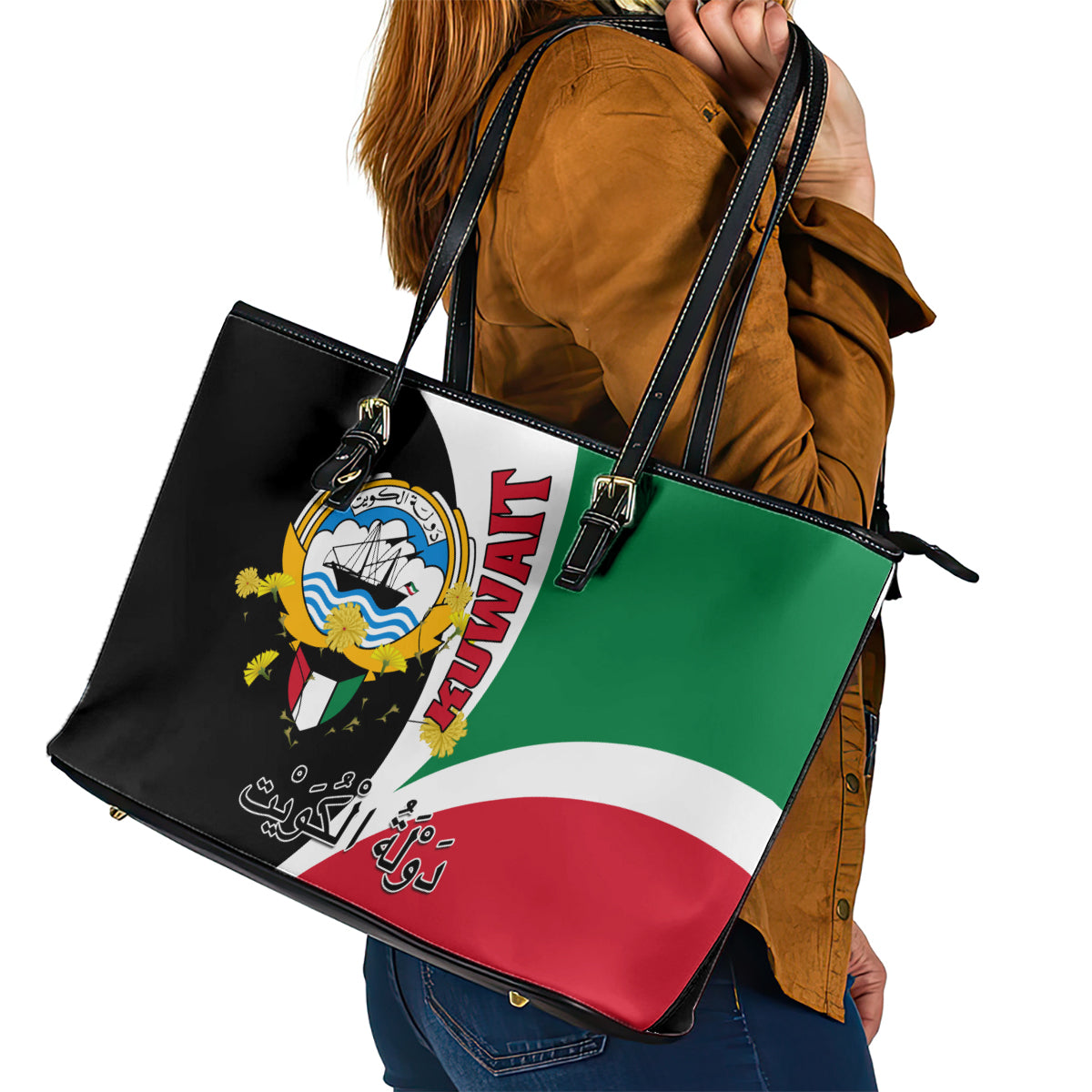 Kuwait National Day Leather Tote Bag Kuwayt Coat Of Arms Arfaj Flower - Wonder Print Shop
