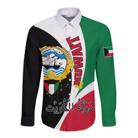 Kuwait National Day Long Sleeve Button Shirt Kuwayt Coat Of Arms Arfaj Flower - Wonder Print Shop