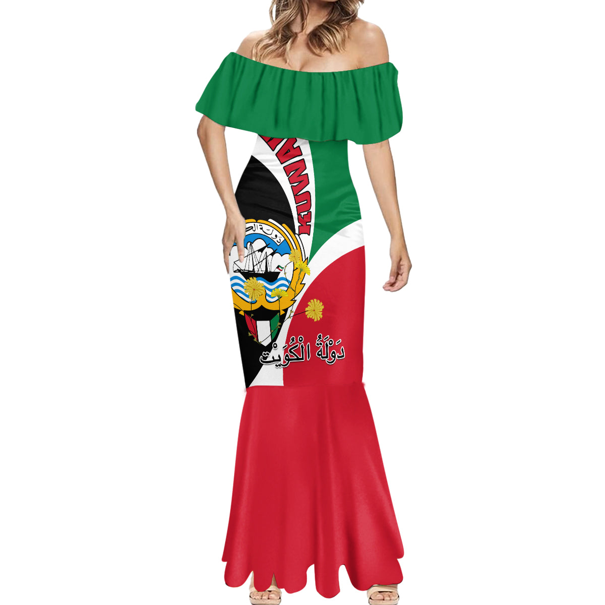 Kuwait National Day Mermaid Dress Kuwayt Coat Of Arms Arfaj Flower - Wonder Print Shop
