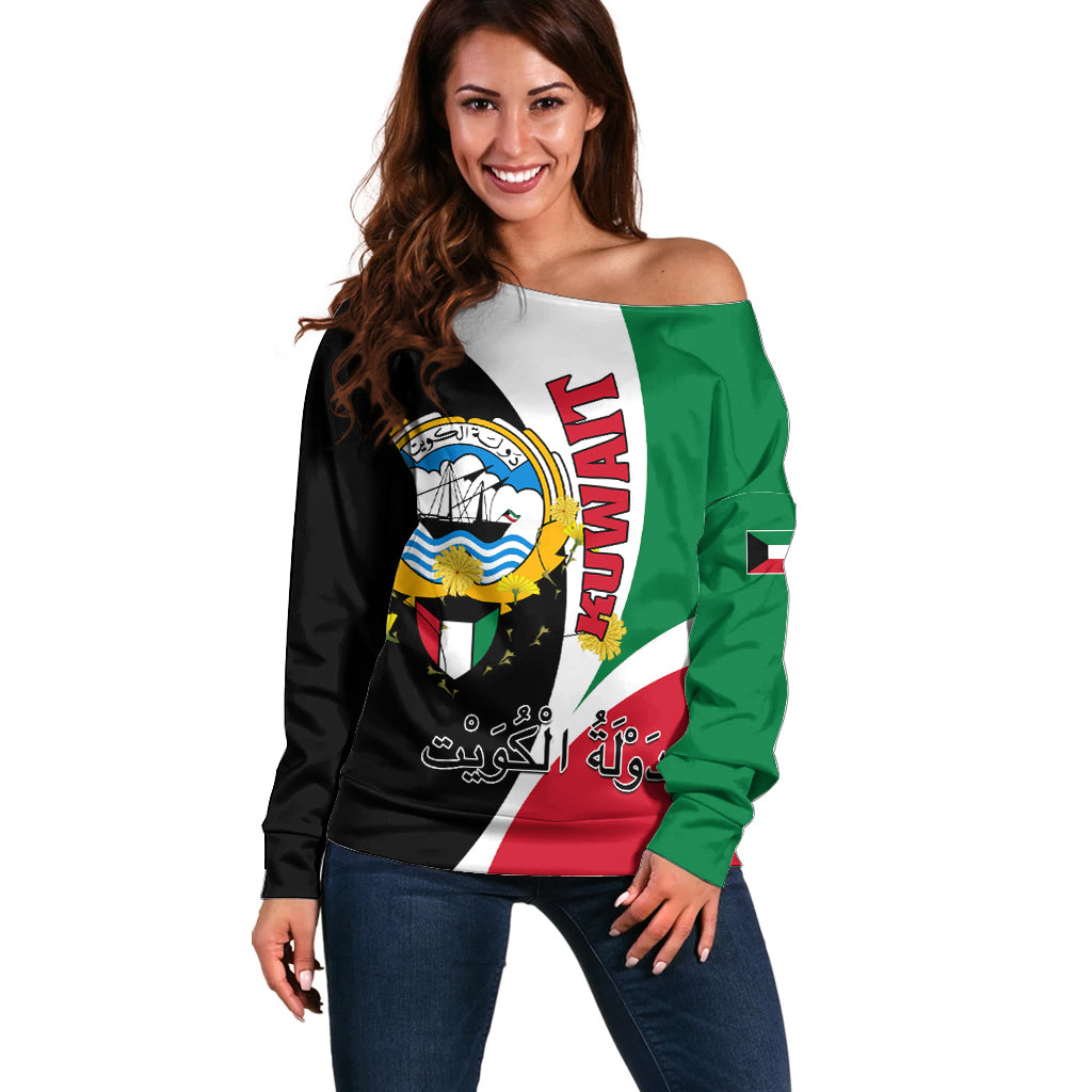 Kuwait National Day Off Shoulder Sweater Kuwayt Coat Of Arms Arfaj Flower - Wonder Print Shop