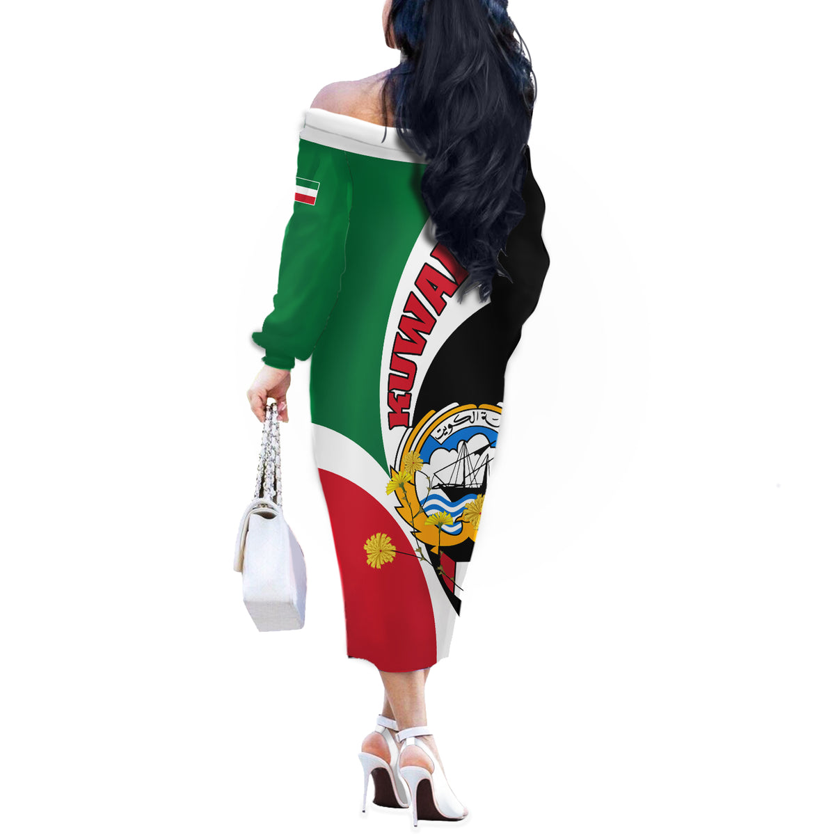 Kuwait National Day Off The Shoulder Long Sleeve Dress Kuwayt Coat Of Arms Arfaj Flower - Wonder Print Shop