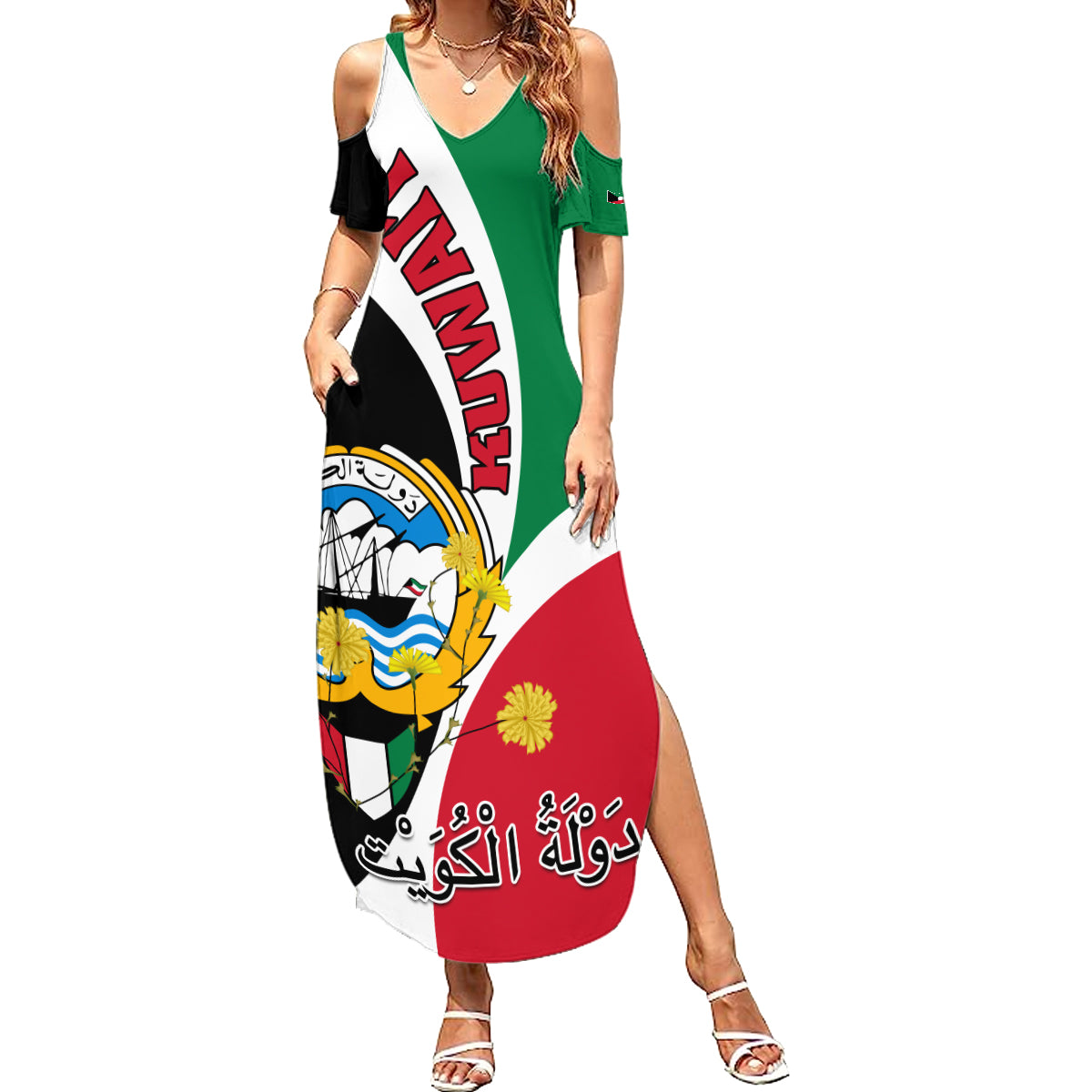 Kuwait National Day Summer Maxi Dress Kuwayt Coat Of Arms Arfaj Flower - Wonder Print Shop