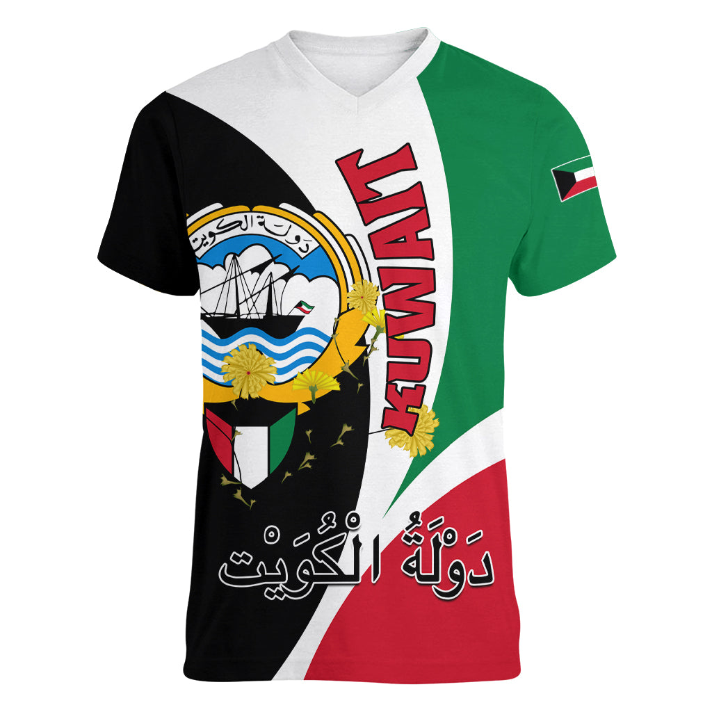 Kuwait National Day Women V Neck T Shirt Kuwayt Coat Of Arms Arfaj Flower - Wonder Print Shop