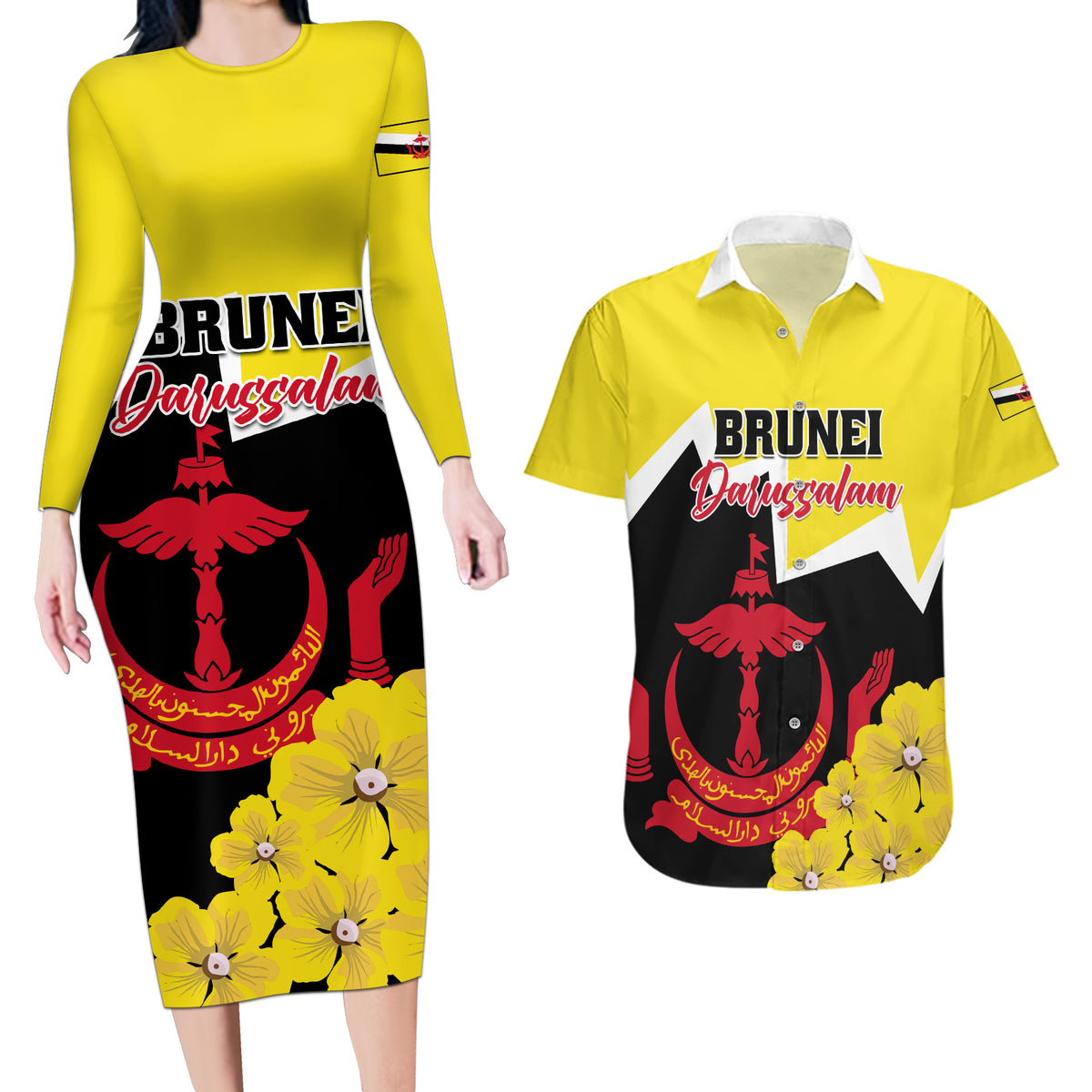 Brunei Darussalam National Day Couples Matching Long Sleeve Bodycon Dress and Hawaiian Shirt Coat Of Arms Simpor Flower - Wonder Print Shop
