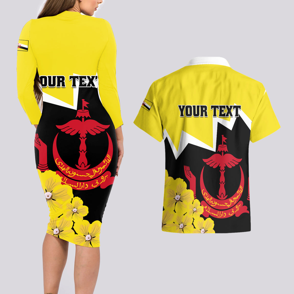 Brunei Darussalam National Day Couples Matching Long Sleeve Bodycon Dress and Hawaiian Shirt Coat Of Arms Simpor Flower - Wonder Print Shop