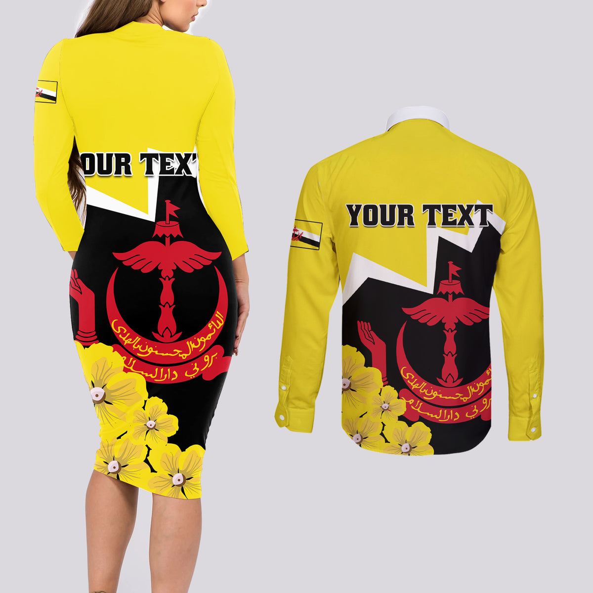 Brunei Darussalam National Day Couples Matching Long Sleeve Bodycon Dress and Long Sleeve Button Shirt Coat Of Arms Simpor Flower - Wonder Print Shop