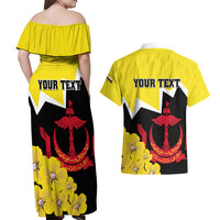 Brunei Darussalam National Day Couples Matching Off Shoulder Maxi Dress and Hawaiian Shirt Coat Of Arms Simpor Flower - Wonder Print Shop