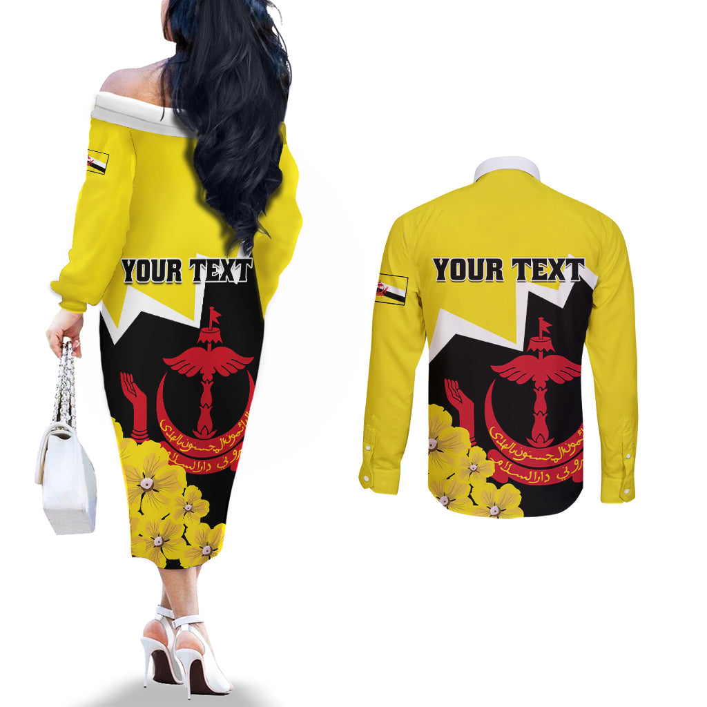 brunei-darussalam-national-day-couples-matching-off-the-shoulder-long-sleeve-dress-and-long-sleeve-button-shirt-coat-of-arms-simpor-flower