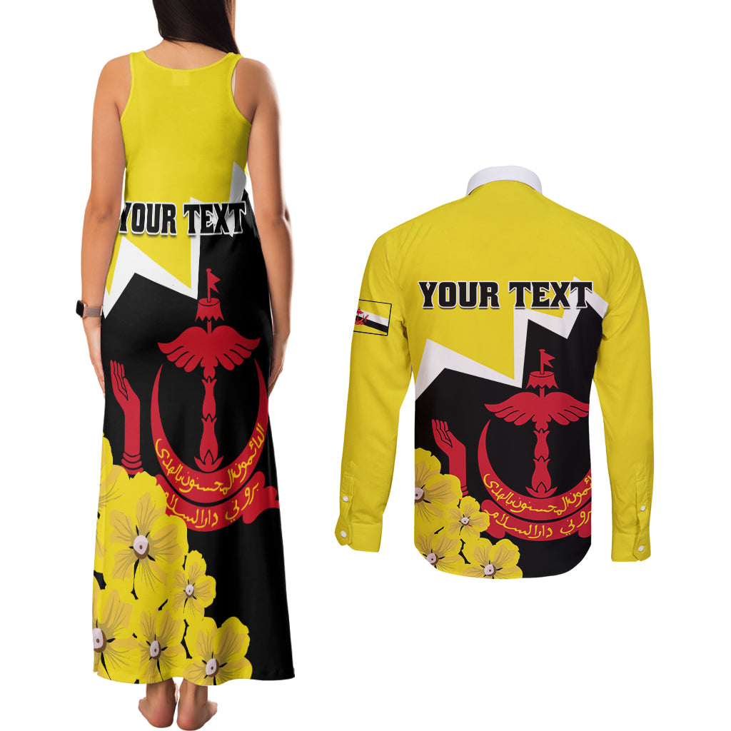Brunei Darussalam National Day Couples Matching Tank Maxi Dress and Long Sleeve Button Shirt Coat Of Arms Simpor Flower - Wonder Print Shop