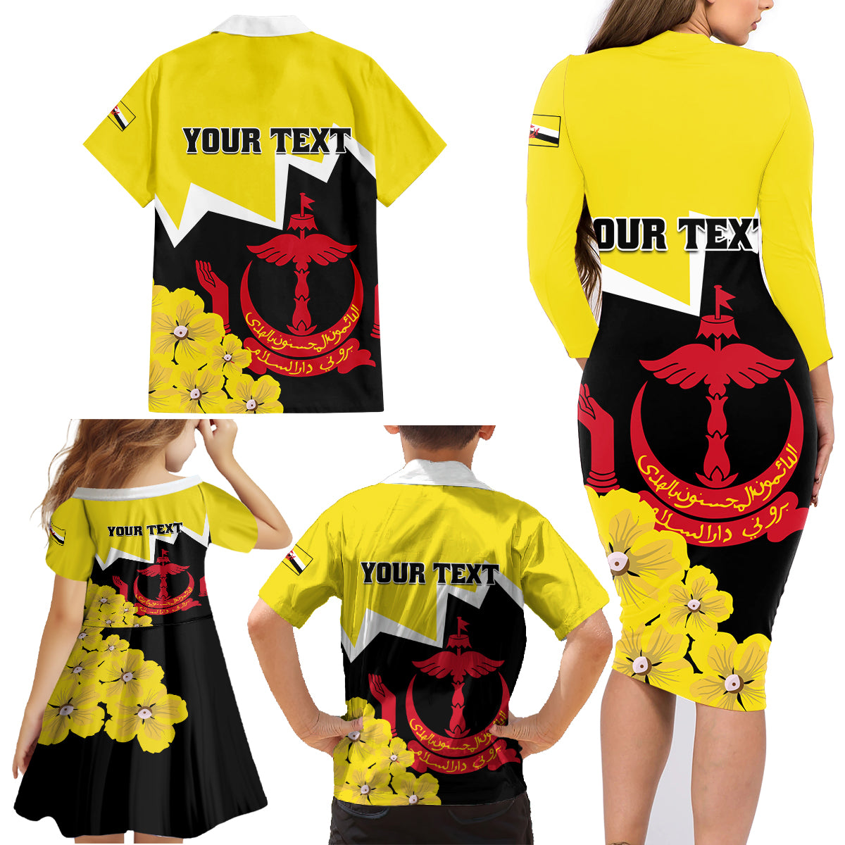 Brunei Darussalam National Day Family Matching Long Sleeve Bodycon Dress and Hawaiian Shirt Coat Of Arms Simpor Flower - Wonder Print Shop