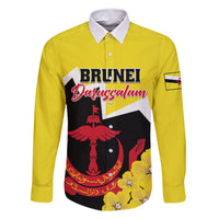 Brunei Darussalam National Day Family Matching Off Shoulder Long Sleeve Dress and Hawaiian Shirt Coat Of Arms Simpor Flower - Wonder Print Shop