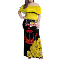 Brunei Darussalam National Day Family Matching Off Shoulder Maxi Dress and Hawaiian Shirt Coat Of Arms Simpor Flower - Wonder Print Shop