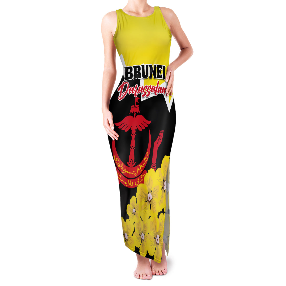 Brunei Darussalam National Day Family Matching Tank Maxi Dress and Hawaiian Shirt Coat Of Arms Simpor Flower - Wonder Print Shop