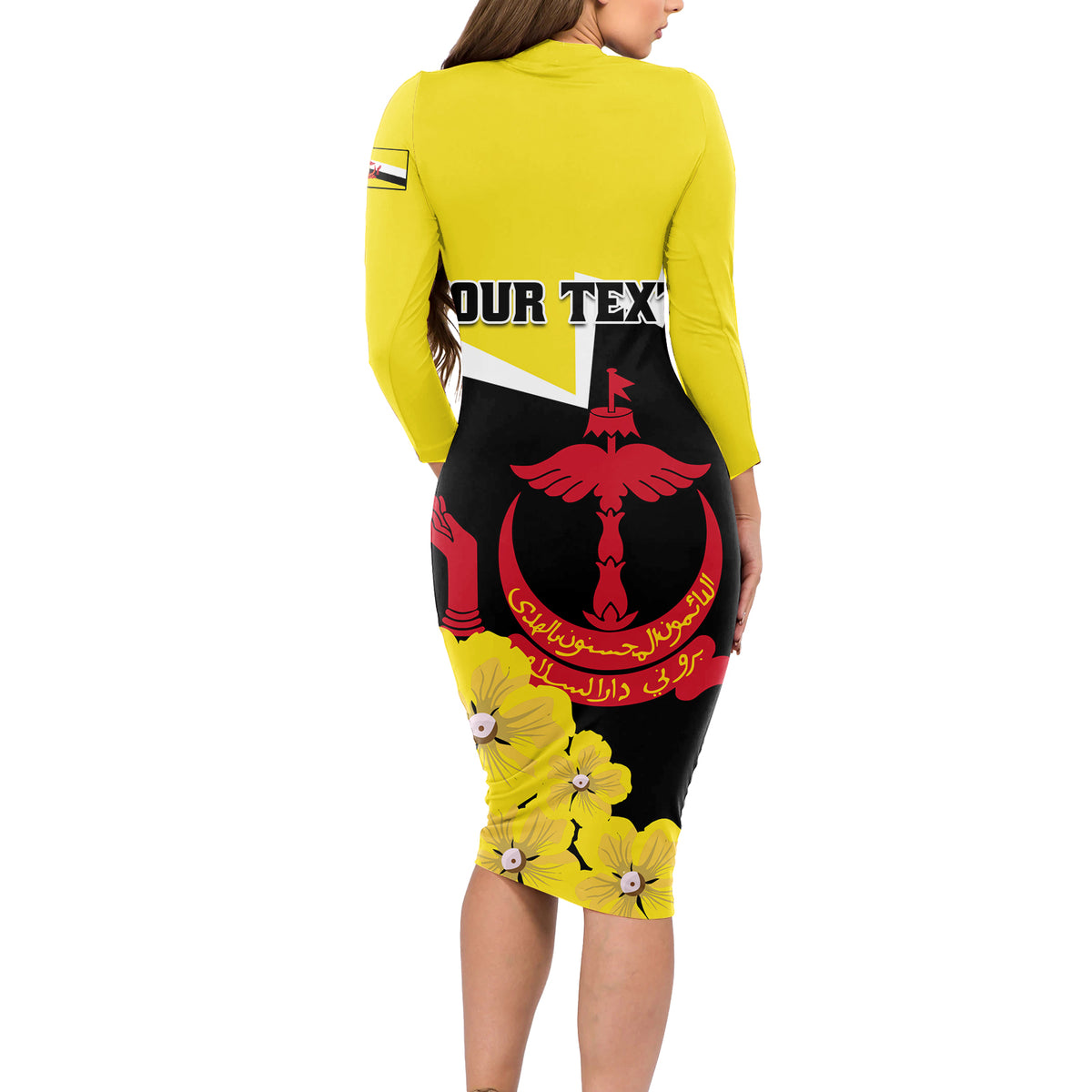 Brunei Darussalam National Day Long Sleeve Bodycon Dress Coat Of Arms Simpor Flower - Wonder Print Shop