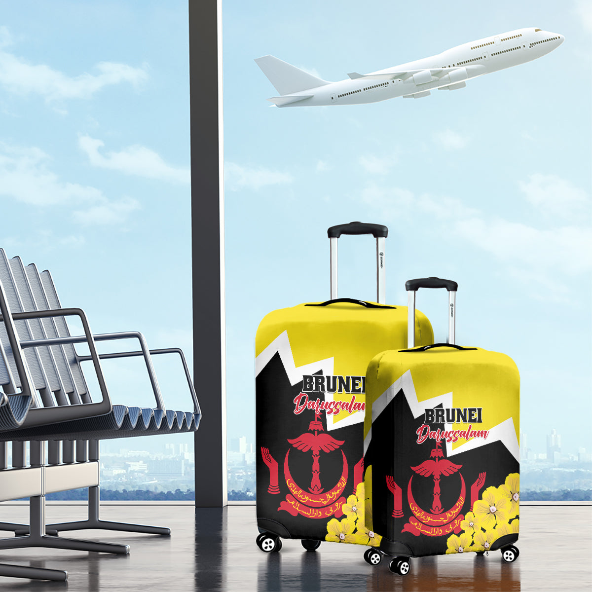 Brunei Darussalam National Day Luggage Cover Coat Of Arms Simpor Flower - Wonder Print Shop