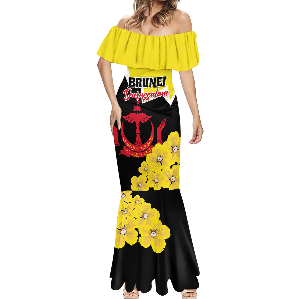 Brunei Darussalam National Day Mermaid Dress Coat Of Arms Simpor Flower - Wonder Print Shop