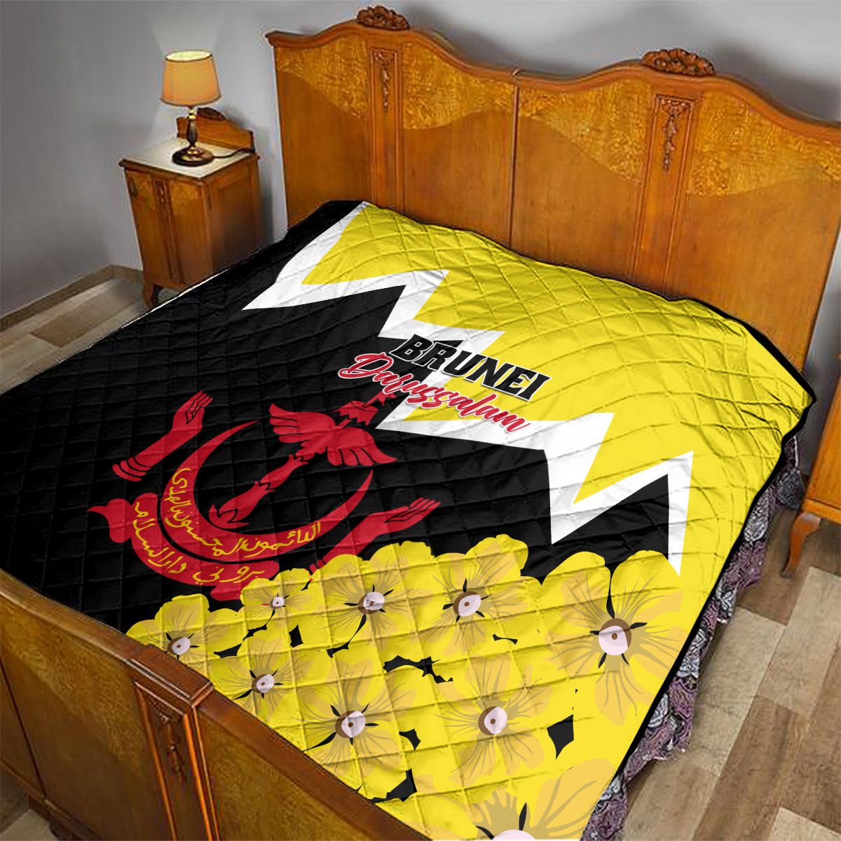 Brunei Darussalam National Day Quilt Coat Of Arms Simpor Flower - Wonder Print Shop