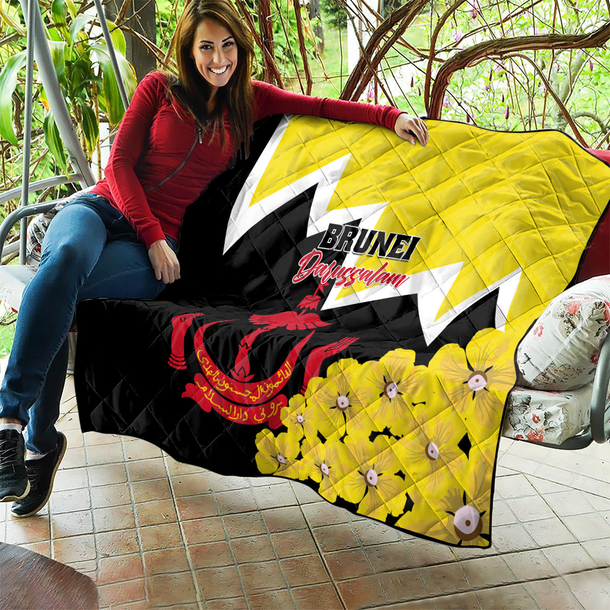 Brunei Darussalam National Day Quilt Coat Of Arms Simpor Flower - Wonder Print Shop