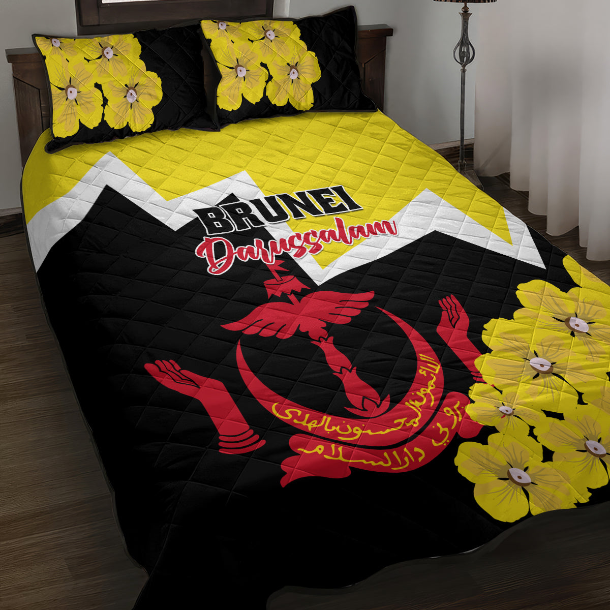 Brunei Darussalam National Day Quilt Bed Set Coat Of Arms Simpor Flower - Wonder Print Shop