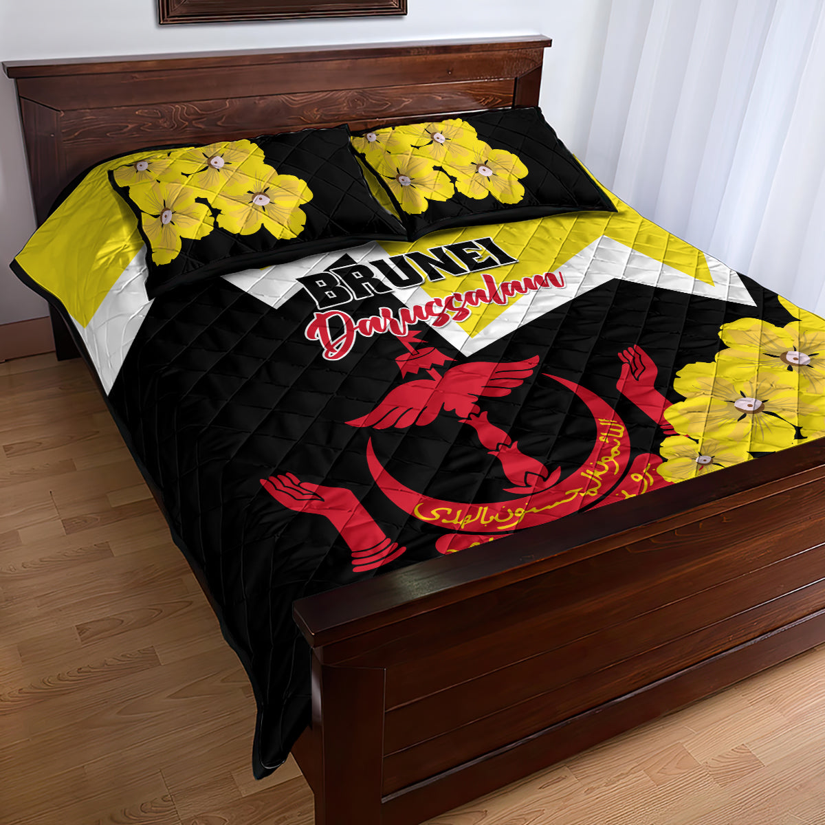Brunei Darussalam National Day Quilt Bed Set Coat Of Arms Simpor Flower - Wonder Print Shop