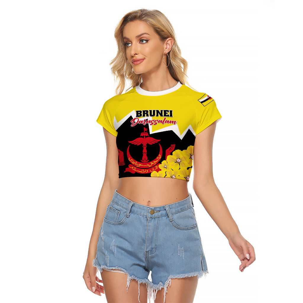 Brunei Darussalam National Day Raglan Cropped T Shirt Coat Of Arms Simpor Flower - Wonder Print Shop