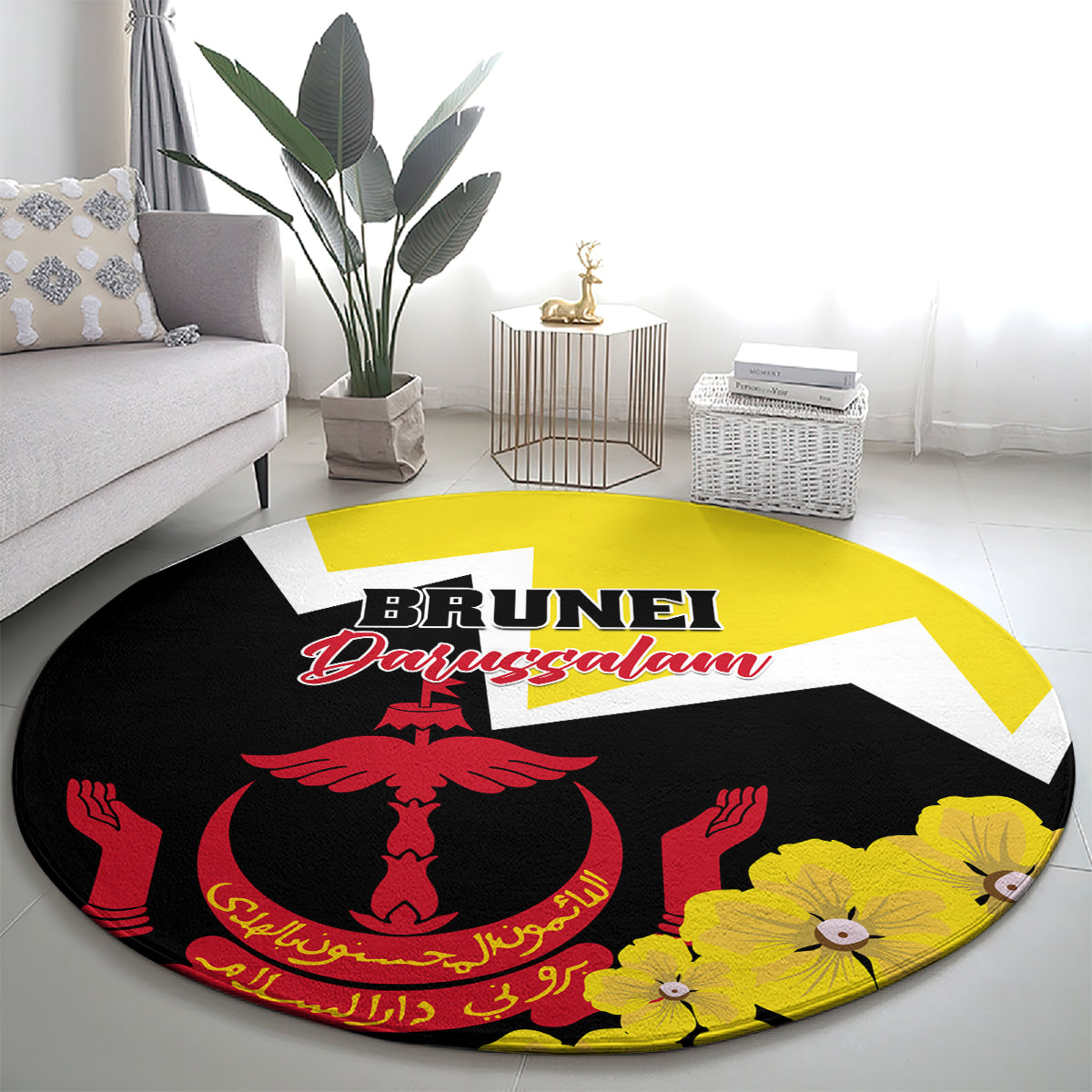 Brunei Darussalam National Day Round Carpet Coat Of Arms Simpor Flower
