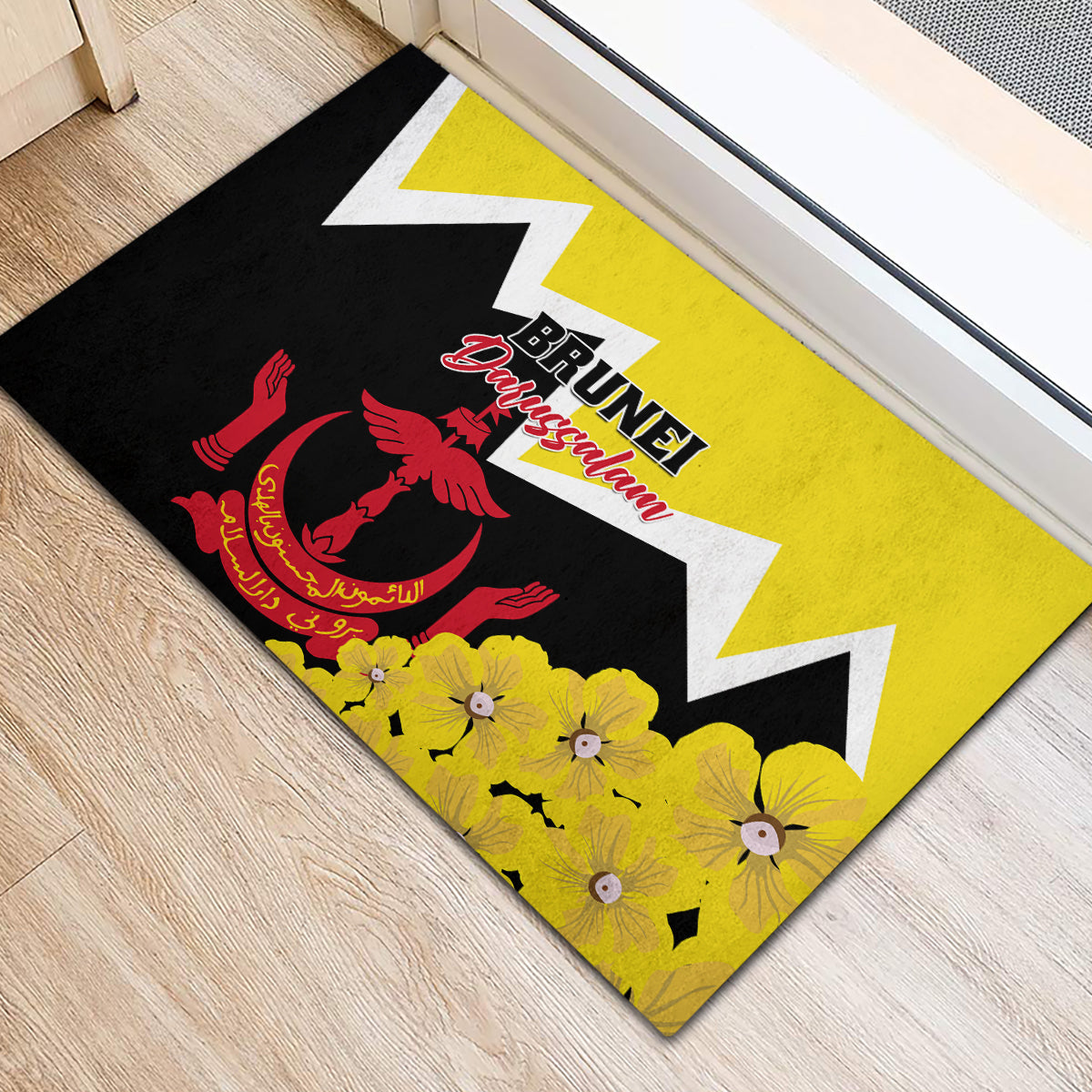 Brunei Darussalam National Day Rubber Doormat Coat Of Arms Simpor Flower - Wonder Print Shop