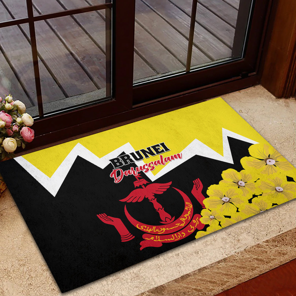 Brunei Darussalam National Day Rubber Doormat Coat Of Arms Simpor Flower - Wonder Print Shop