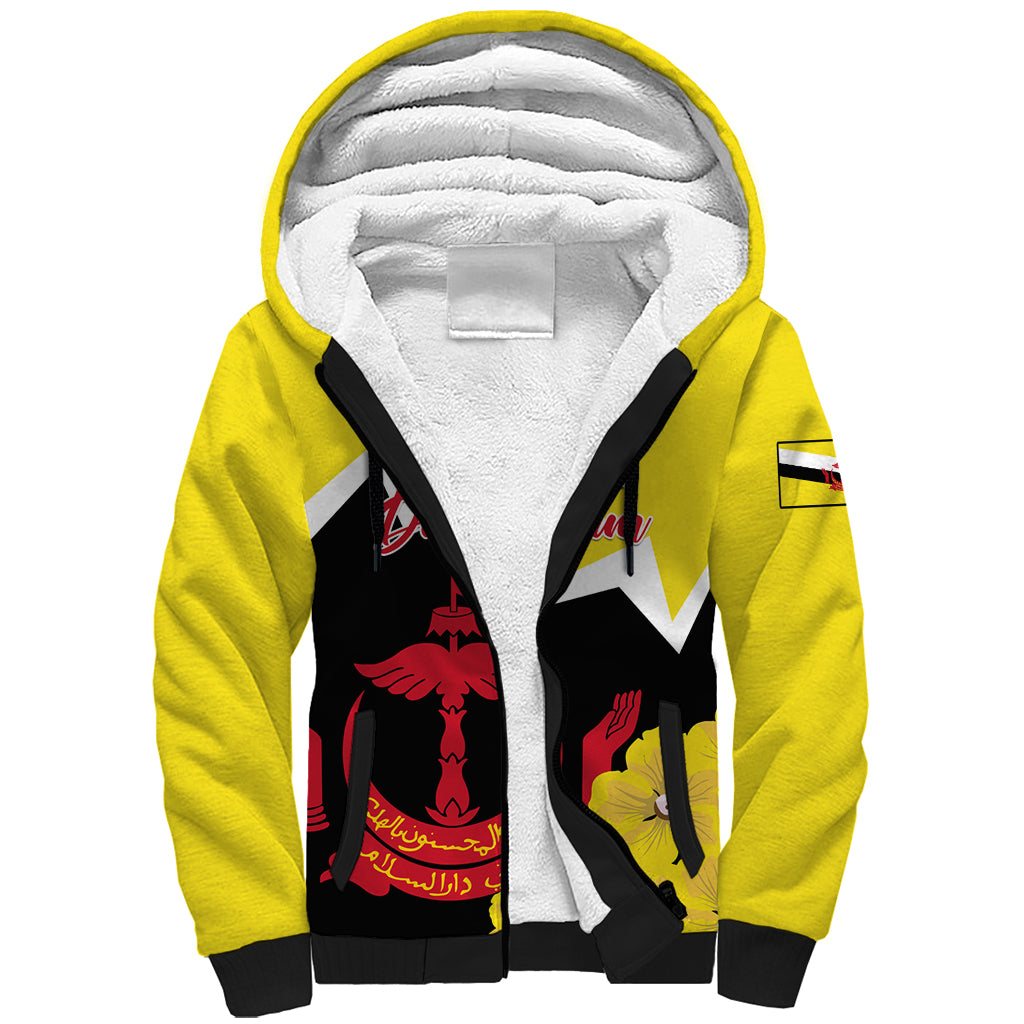 Brunei Darussalam National Day Sherpa Hoodie Coat Of Arms Simpor Flower - Wonder Print Shop
