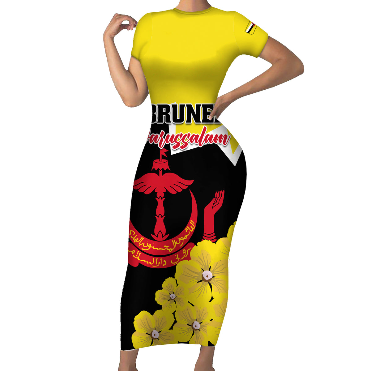 Brunei Darussalam National Day Short Sleeve Bodycon Dress Coat Of Arms Simpor Flower - Wonder Print Shop